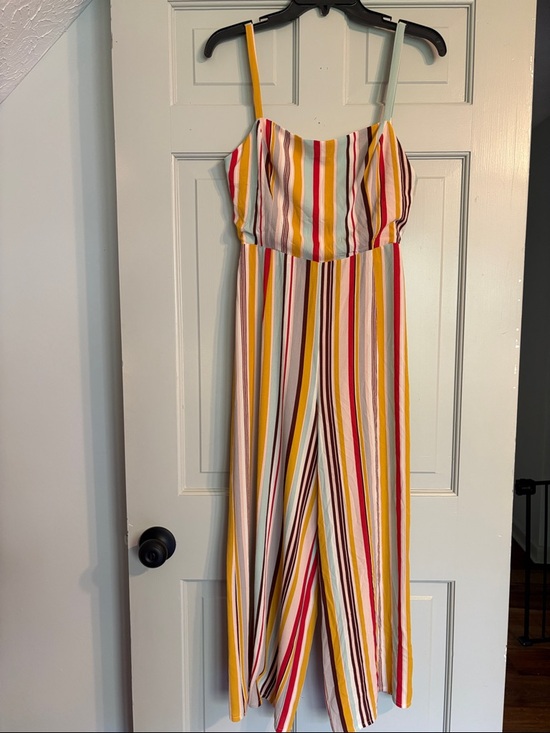 Lush Pants - Lush Small Colorful Vertical Stripe Spaghetti Strap Jumpsuit Cut Out Back